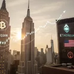 Cryptocurrency market surge depicted as a futuristic cityscape