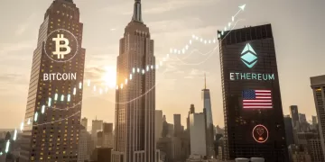 Cryptocurrency market surge depicted as a futuristic cityscape