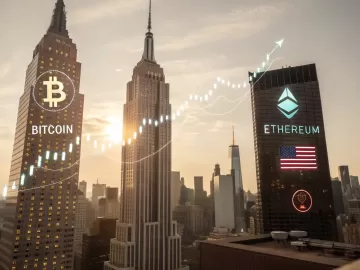 Cryptocurrency market surge depicted as a futuristic cityscape