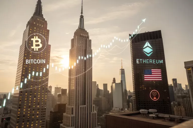 Cryptocurrency market surge depicted as a futuristic cityscape