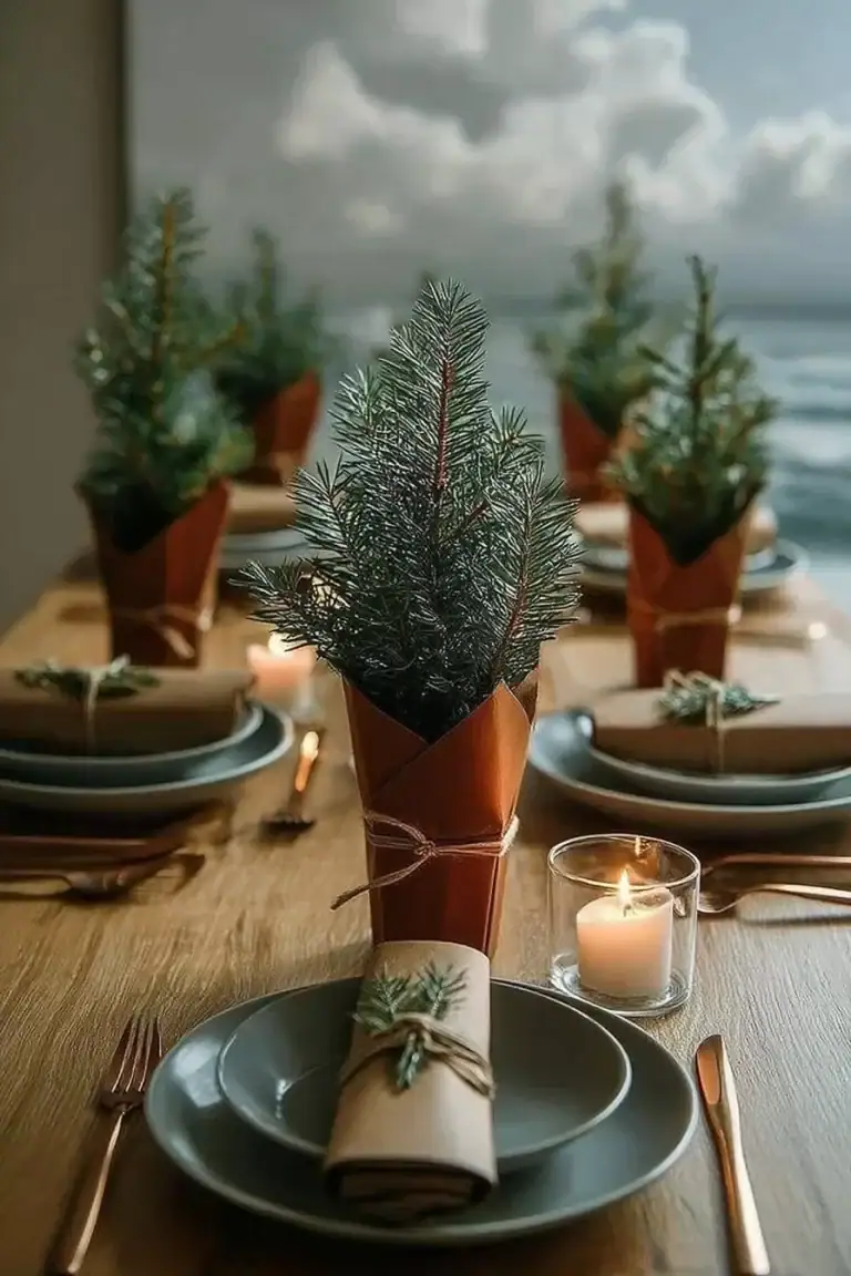 Elegant Christmas dining table decor featuring festive centerpieces and table settings.