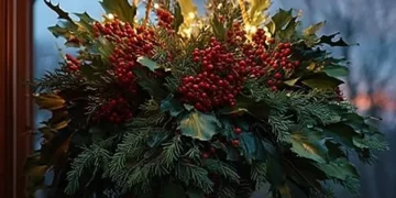 Beautifully decorated Christmas hanging basket for outdoor festive decor