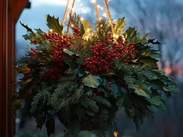 Beautifully decorated Christmas hanging basket for outdoor festive decor