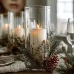 Elegant Christmas table decoration featuring festive centerpieces and lights.