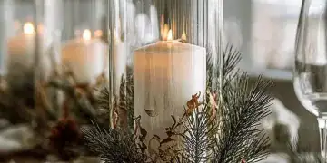 Elegant Christmas table decoration featuring festive centerpieces and lights.