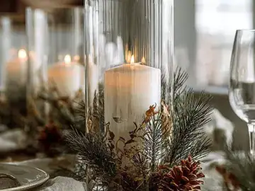Elegant Christmas table decoration featuring festive centerpieces and lights.