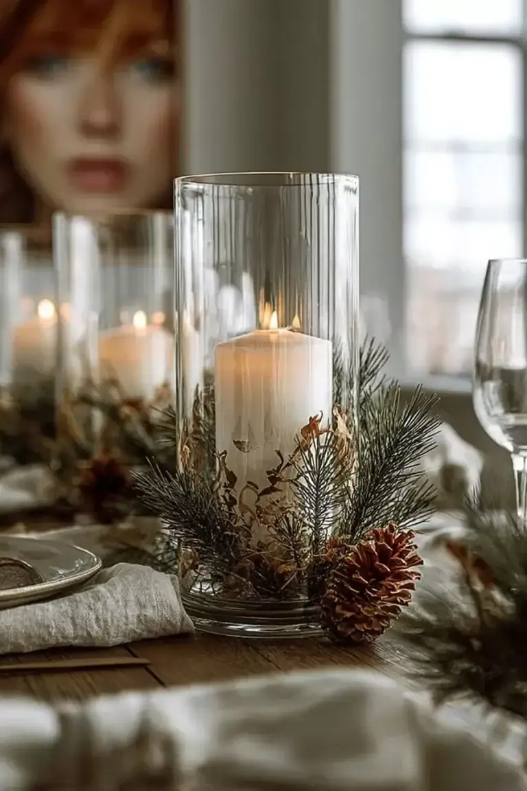 Elegant Christmas table decoration featuring festive centerpieces and lights.