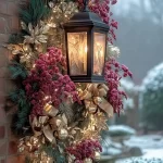 Festively decorated porch for Christmas with lights and seasonal decor