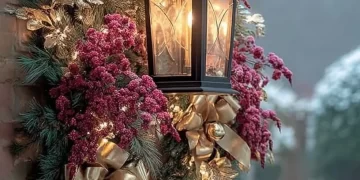 Festively decorated porch for Christmas with lights and seasonal decor