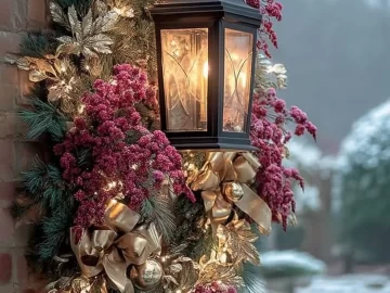 Festively decorated porch for Christmas with lights and seasonal decor