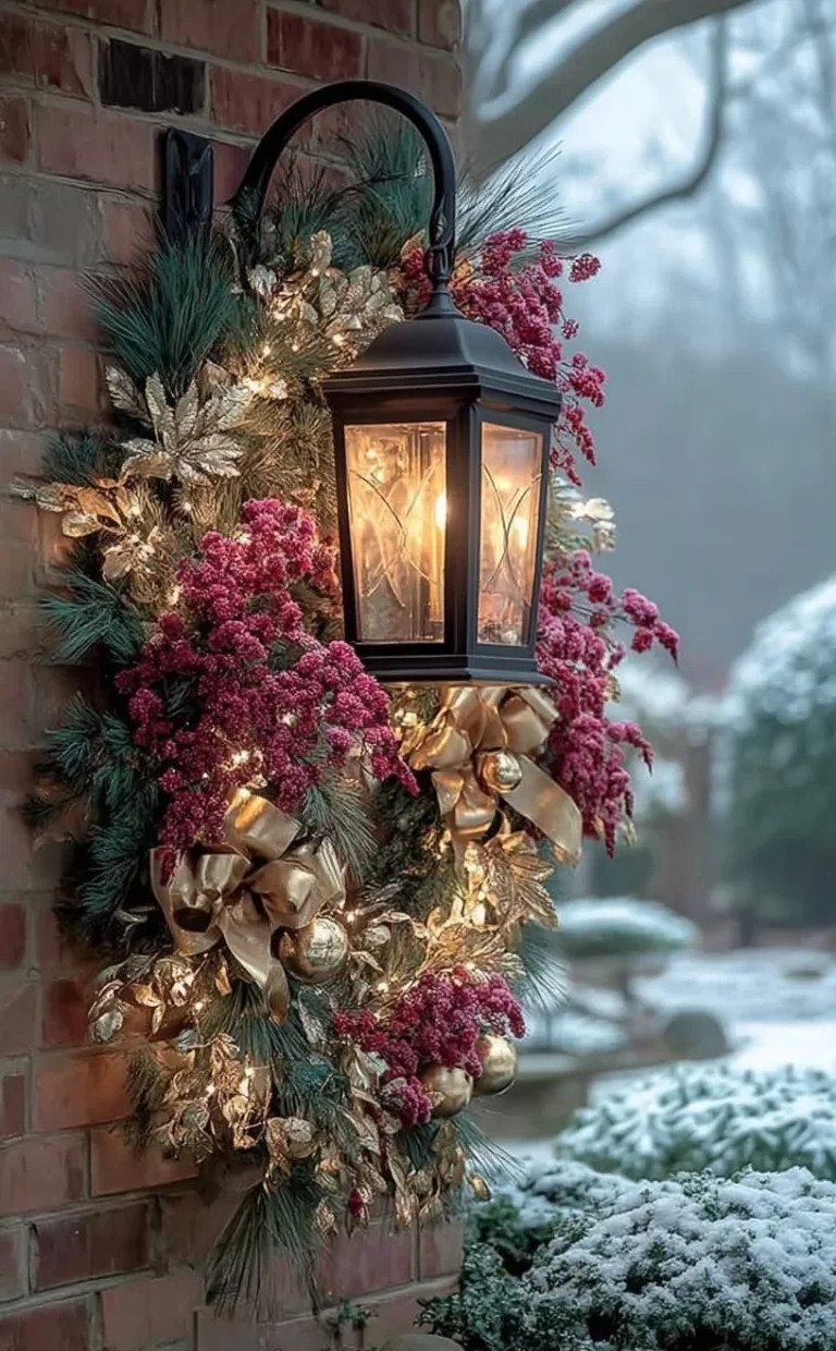 Festively decorated porch for Christmas with lights and seasonal decor