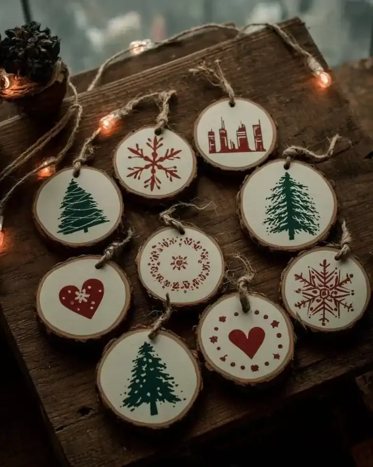 Hand-painted wood slice ornaments perfect for farmhouse Christmas decorations