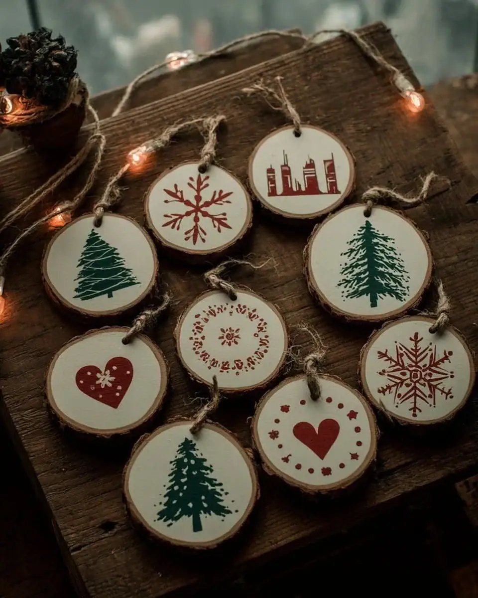 Hand-painted wood slice ornaments perfect for farmhouse Christmas decorations