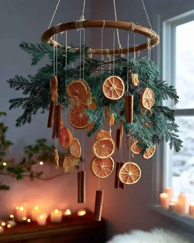 Dried orange Christmas hanging mobile as holiday decor