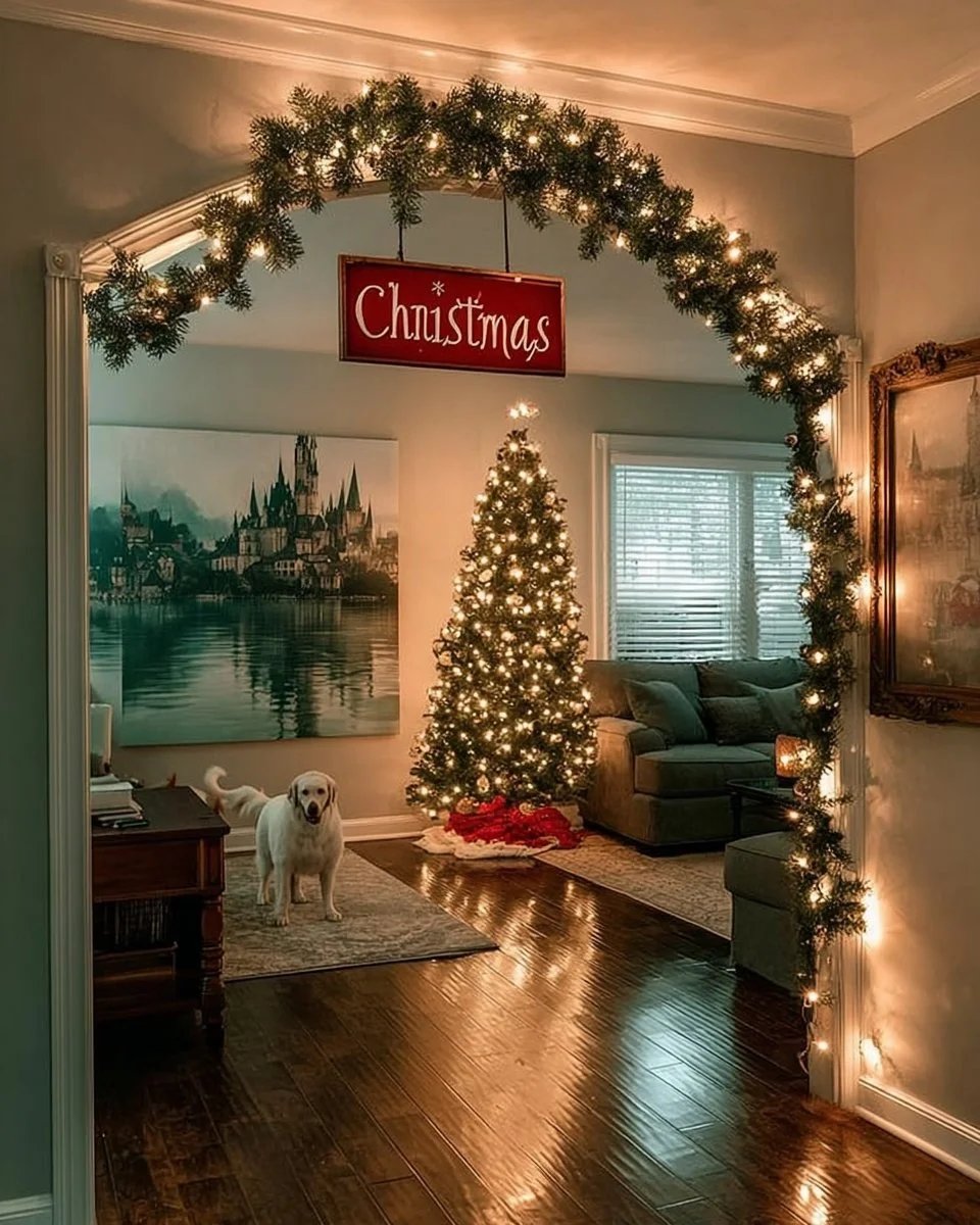 Cozy living room decorated with Christmas decor for the holiday season.