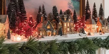 Beautiful DIY Christmas village display showcasing festive decorations and miniature houses.