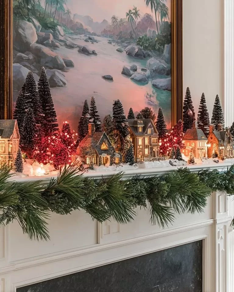 Beautiful DIY Christmas village display showcasing festive decorations and miniature houses.