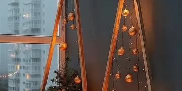 Modern geometric Christmas tree decor illuminated with fairy lights