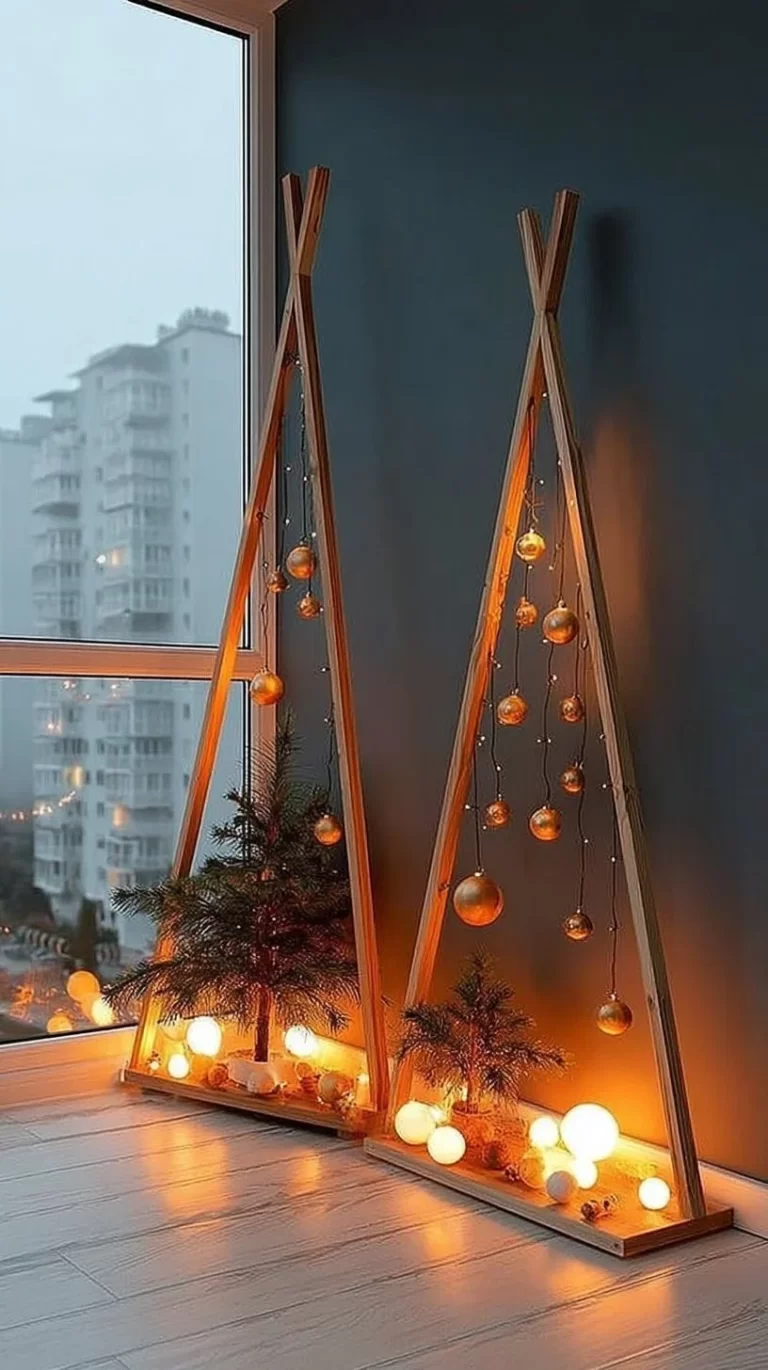 Modern geometric Christmas tree decor illuminated with fairy lights