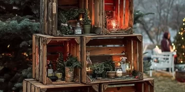 Rustic DIY Christmas Tree crafted from wooden crates with natural elements.