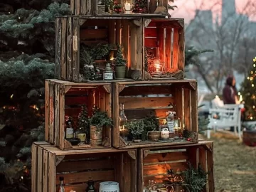 Rustic DIY Christmas Tree crafted from wooden crates with natural elements.
