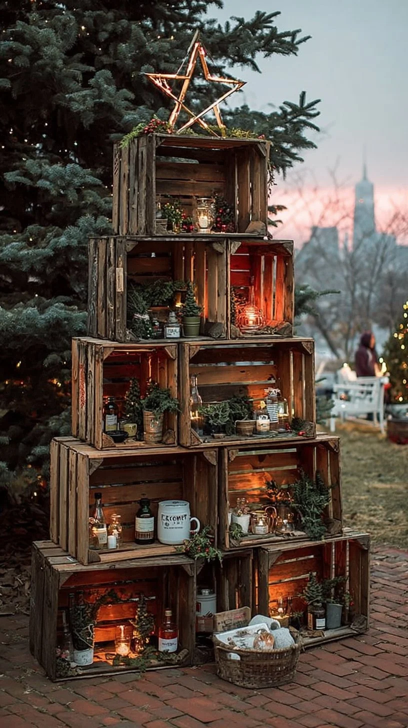 Rustic DIY Christmas Tree crafted from wooden crates with natural elements.