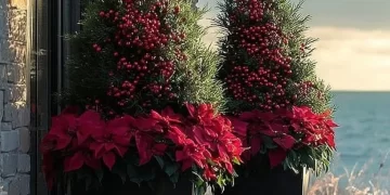 Beautiful DIY Christmas planters on a front porch, adorned with festive decorations.