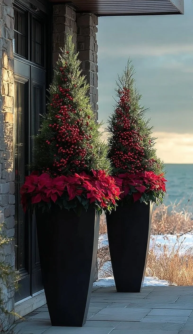 Beautiful DIY Christmas planters on a front porch, adorned with festive decorations.