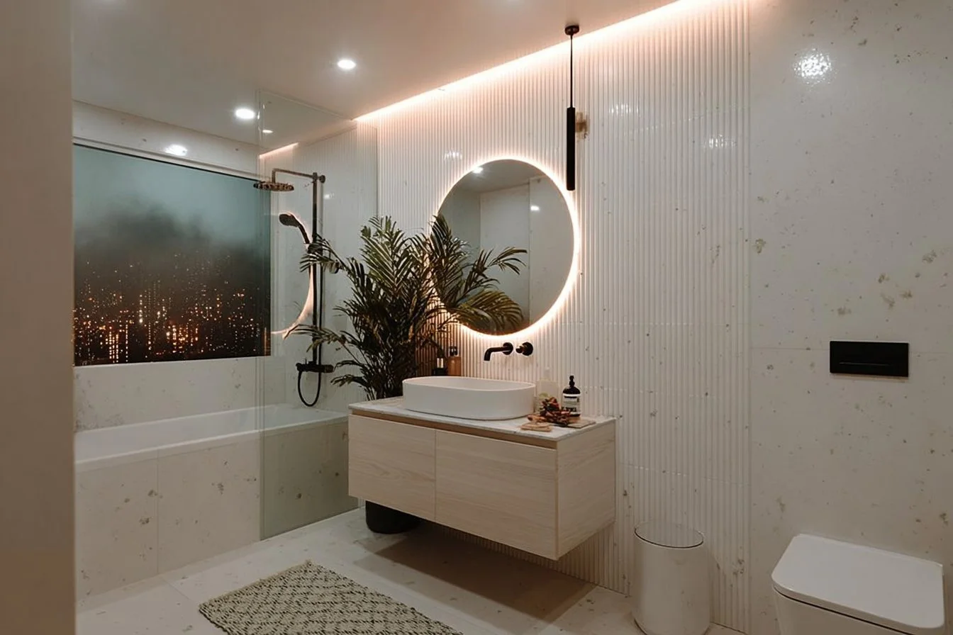 Cozy Scandinavian bathroom featuring modern design elements and natural materials.