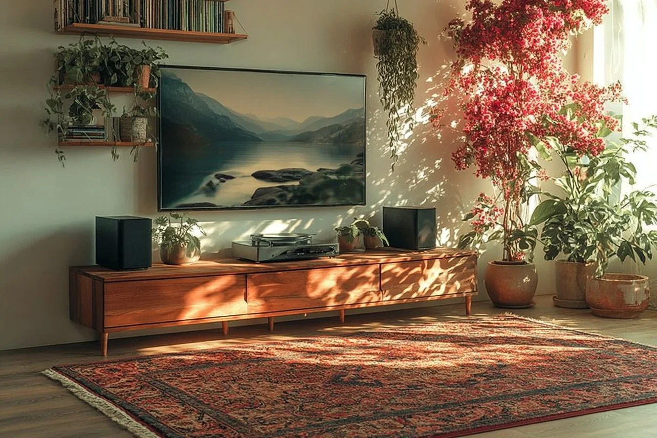 Stylish Boho living room with modern decor and cozy elements.