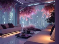 Futuristic cityscape embodying cyberpunk serenity in 2050 living