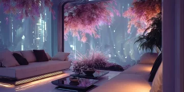 Futuristic cityscape embodying cyberpunk serenity in 2050 living