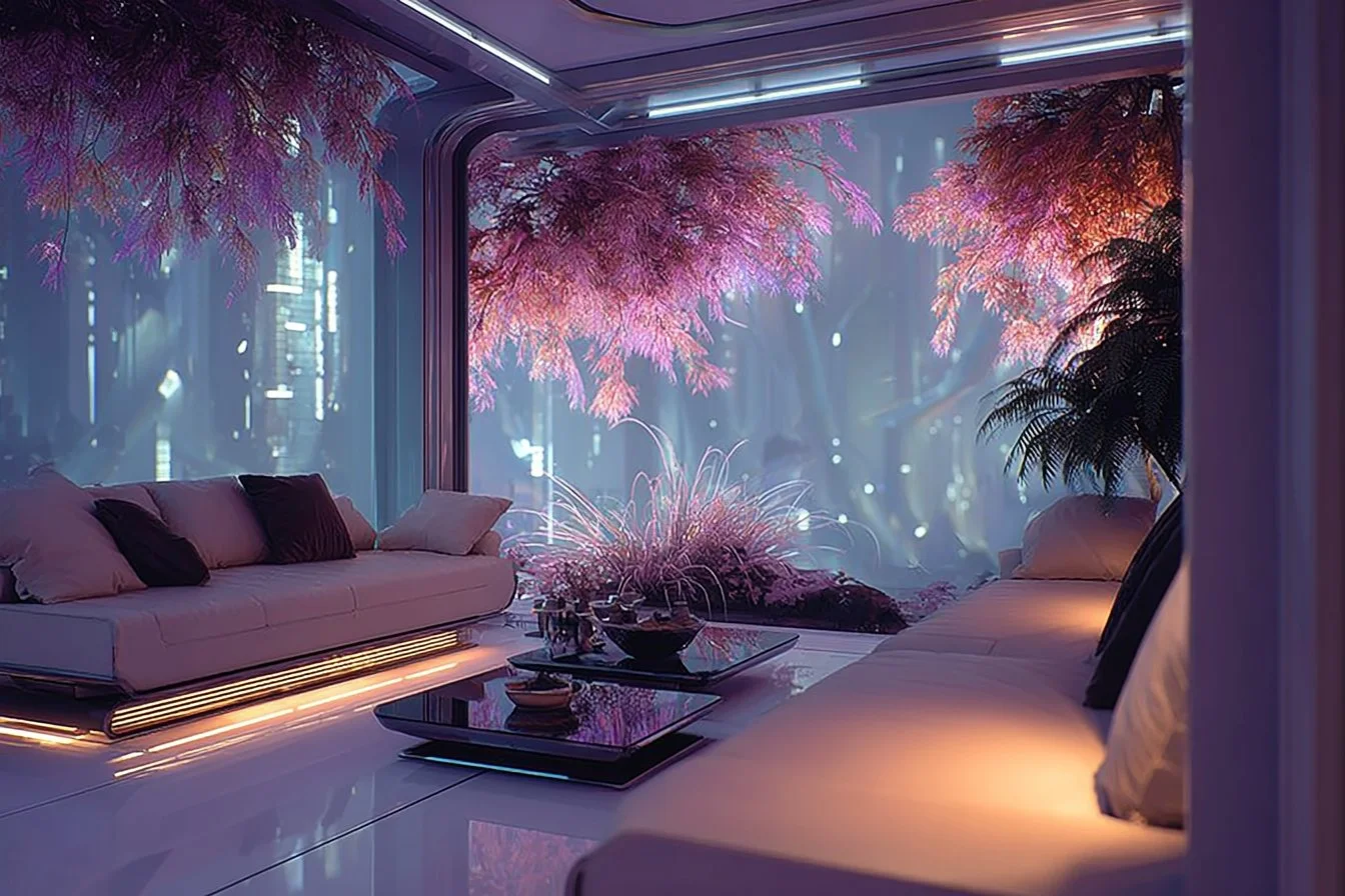 Futuristic cityscape embodying cyberpunk serenity in 2050 living