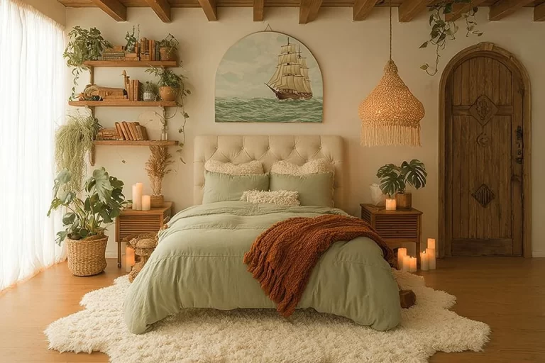 Cozy boho bedroom featuring eclectic decor and warm earthy tones