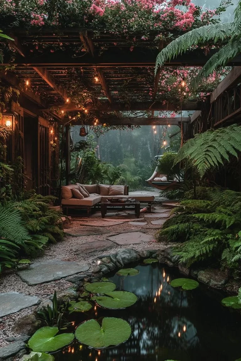 Beautiful backyard oasis featuring lush greenery and comfortable seating for outdoor living.