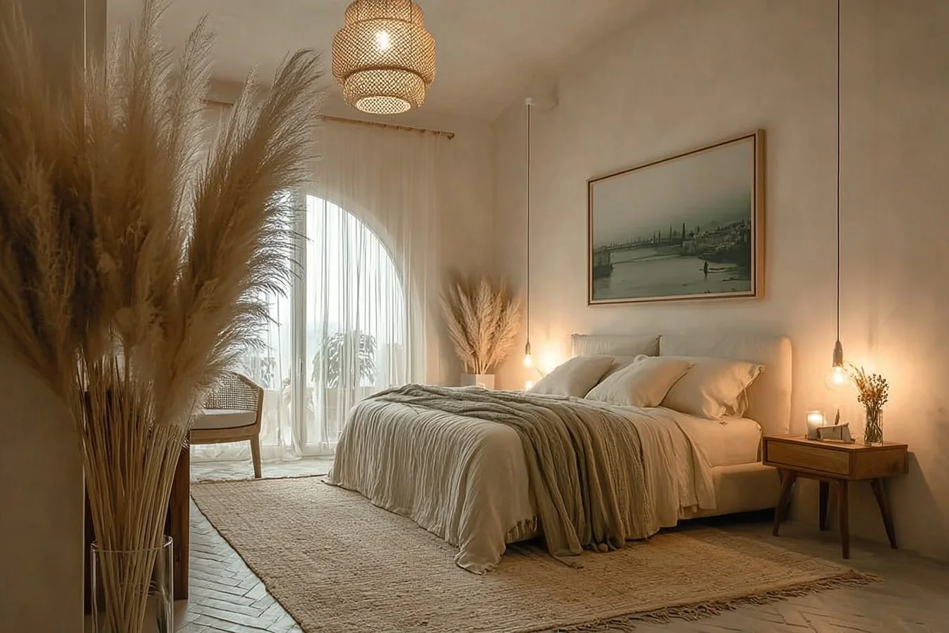 A beautifully designed neutral bedroom with minimalist decor and inviting ambiance.