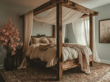 Cozy boho bedroom featuring a romantic canopy for a soft and inviting atmosphere.