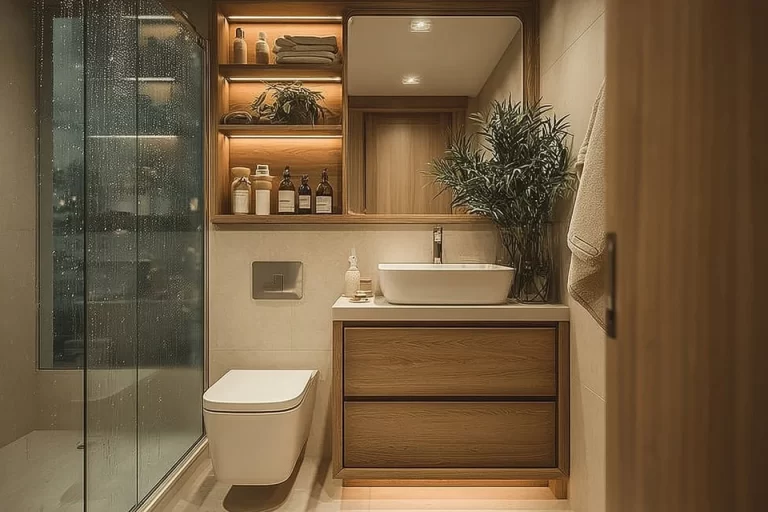 Cozy cabin bathroom featuring innovative small space design ideas.