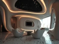 Nature-inspired contemporary living room with greenery and modern decor.