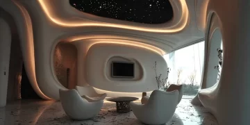 Nature-inspired contemporary living room with greenery and modern decor.