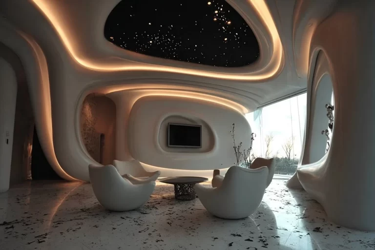 Nature-inspired contemporary living room with greenery and modern decor.