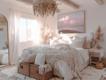 A beautifully designed boho coastal bedroom featuring natural textures and beachy colors.