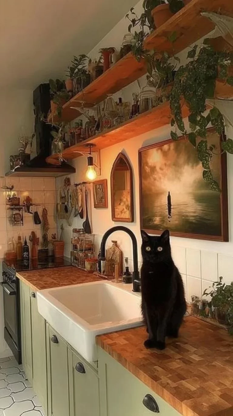 A cozy kitchen with witchy decorations and herbs, creating a magical ambiance.