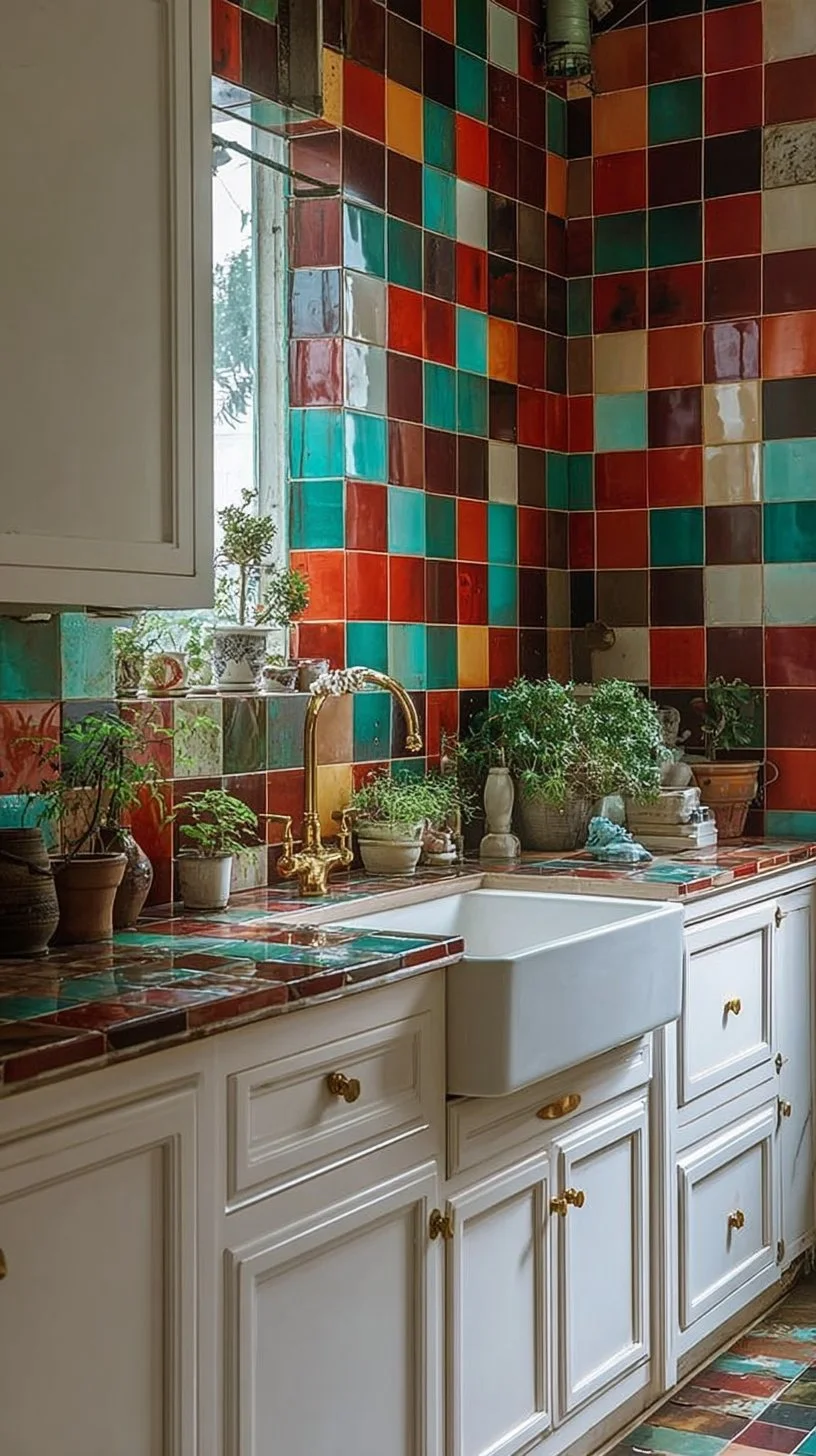 Bohemian kitchen with colorful tile backsplash showcasing vibrant design elements.