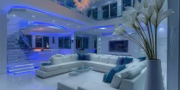 Luxurious modern glam living room with elegant gold accents, plush seating, marble details, and sophisticated lighting in a stylish contemporary interior