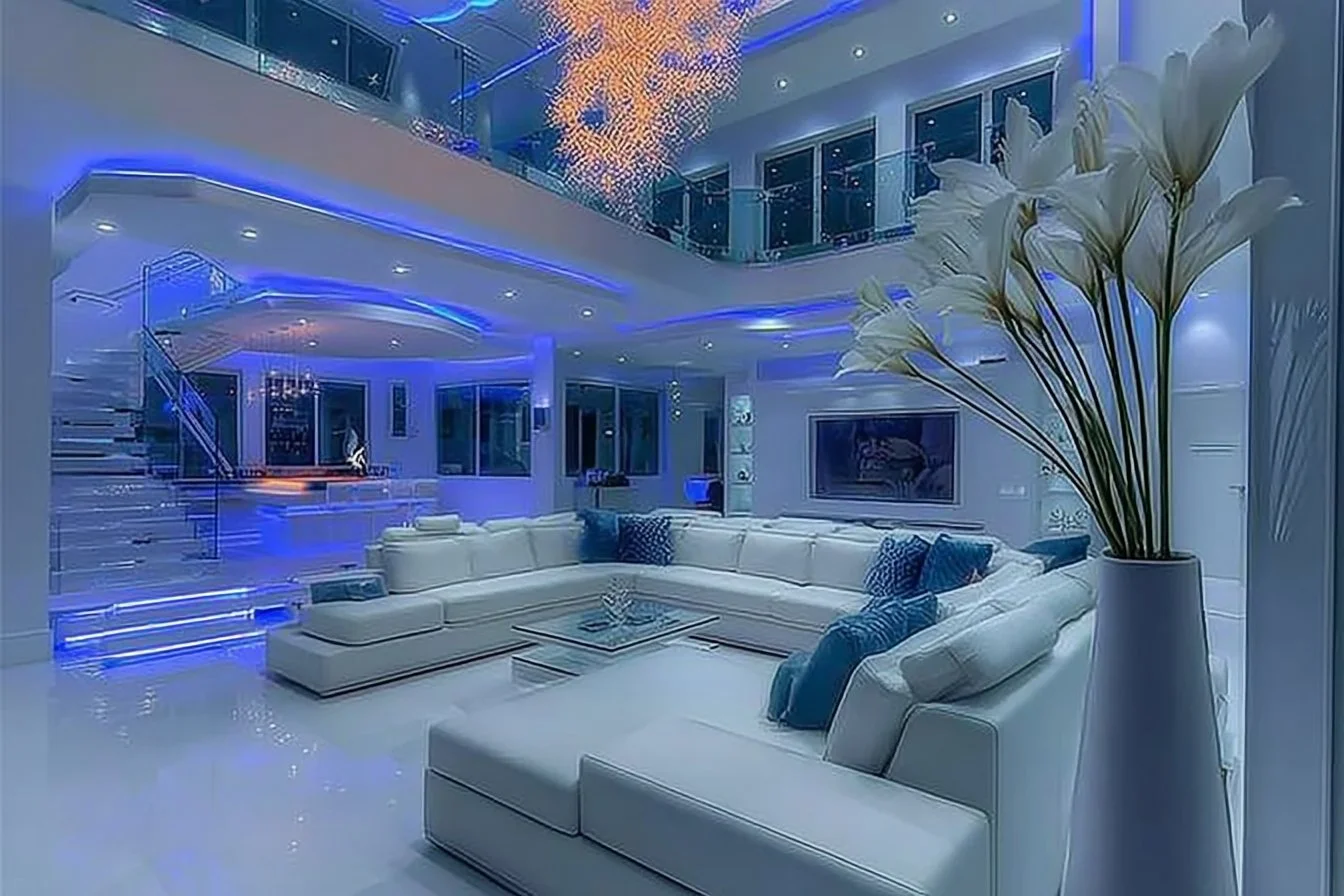 Luxurious modern glam living room with elegant gold accents, plush seating, marble details, and sophisticated lighting in a stylish contemporary interior