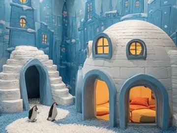 Adorable Arctic kids decor featuring snowy landscapes and playful winter animals.