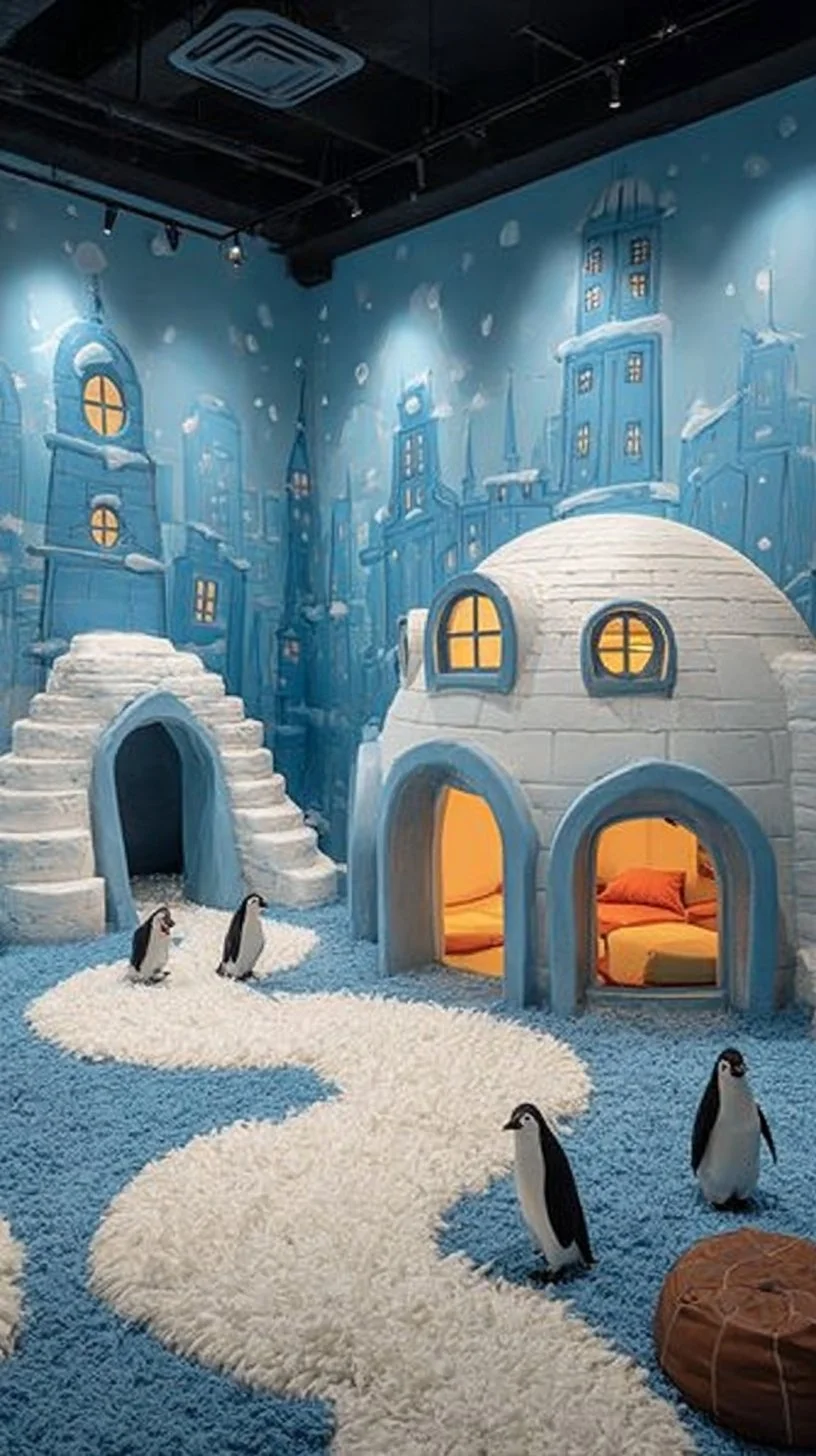 Adorable Arctic kids decor featuring snowy landscapes and playful winter animals.