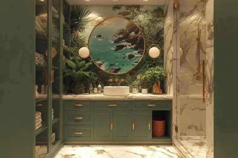 Stylish bathroom design with wallpaper and green cabinet for a modern look.