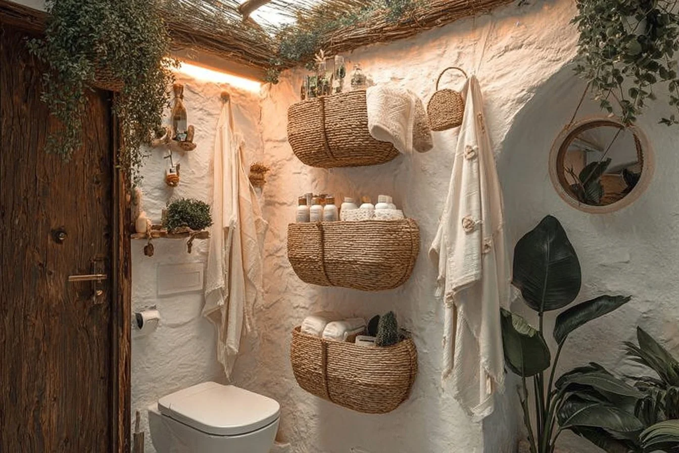 Organized bathroom with spa-like decor and storage solutions for a serene ambiance.
